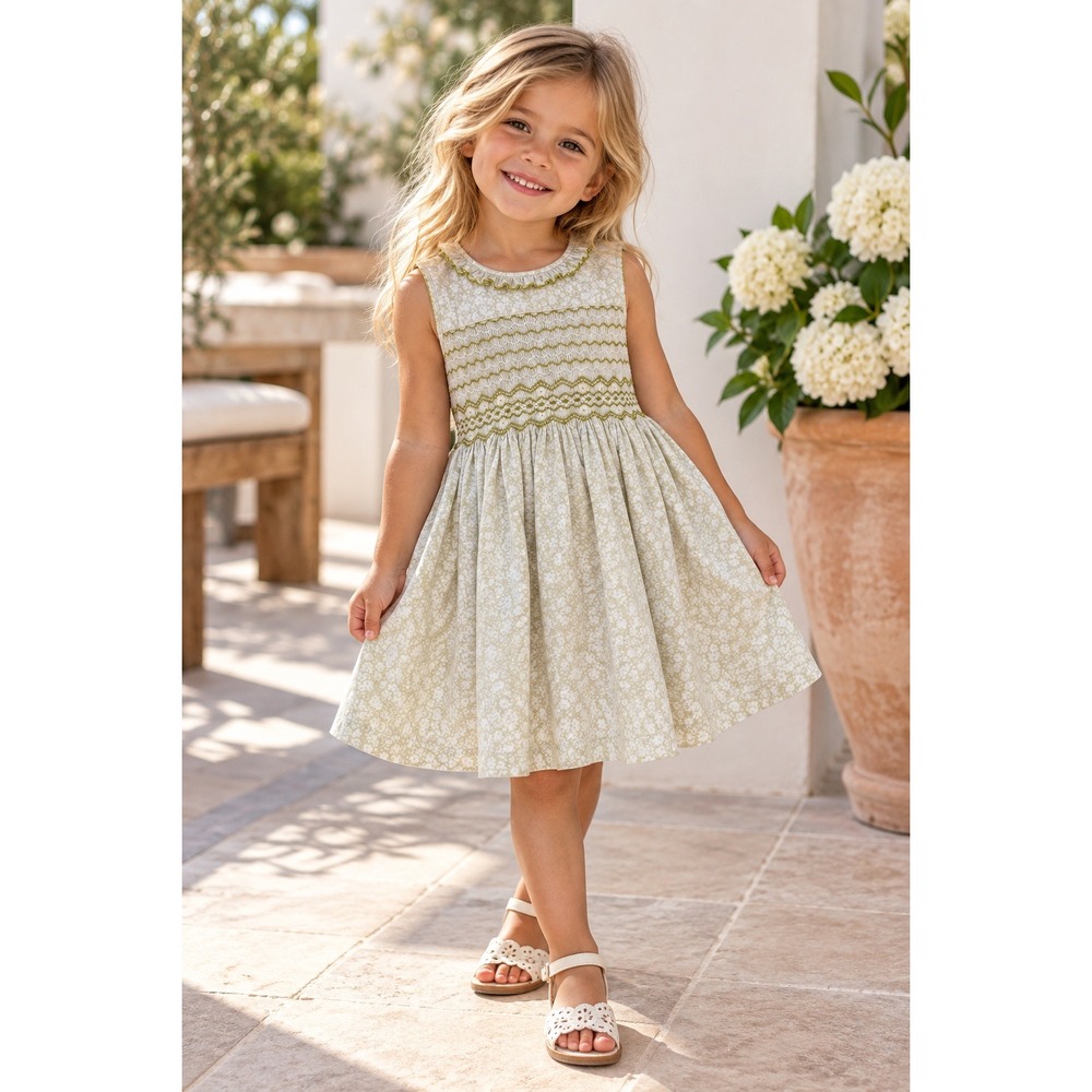 Mother Goose Girls Sage Green Floral Smocked Cotton Dress Size 5
